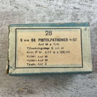 WWII ERA SWEDISH MILITARY 9MM BROWNING LONG AMMO, FULL BOX #4-09521-PF