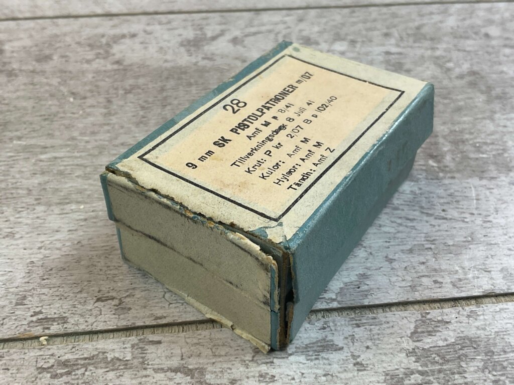 WWII ERA SWEDISH MILITARY 9MM BROWNING LONG AMMO, FULL BOX #4-09521-PF