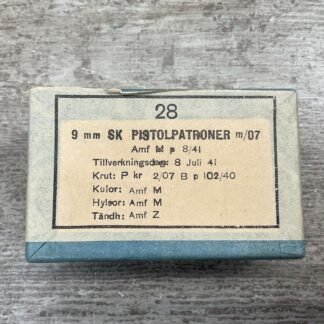 SWEDISH 9MM BROWNING LONG, WW2 M/07 AMMO, UNOPENED, VINTAGE #5-01305-PB