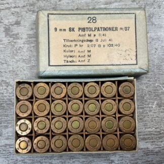 SWEDISH 9MM BROWNING LONG, WW2 M/07 AMMO, OPEN, FULL BOX, VINTAGE #5-01305-1-PB