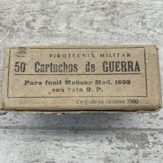 SPANISH M1893 7X57 MAUSER AMMO, 50/BOX W/ CIPS, VINTAGE #5-03428-BA