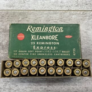REMINGTON KLEANBORE 25 REM EXPRESS 117 GR. SP AMMO, FULL BOX, VINTAGE #5-06404-KM