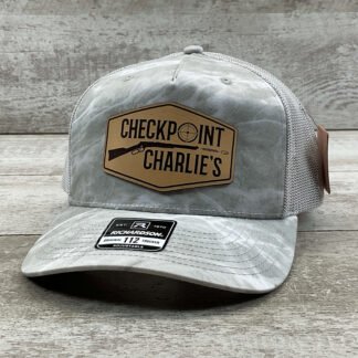 LEATHERING CO. RICHARDSON CUSTOM CHECKPOINT CHARLIE'S MOSSY OAK ELEMENTS BONEFISH/LIGHT GREY TRUCKER HAT, NEW #THAT-MOSSY