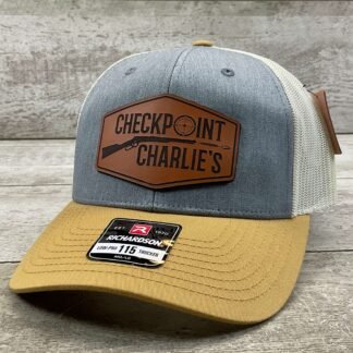 LEATHERING CO. RICHARDSON CUSTOM CHECKPOINT CHARLIE'S HEATHER GREY/BIRCH/AMBER GOLD TRUCKER HAT, NEW #THAT-GOLD