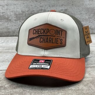 LEATHERING CO. RICHARDSON CUSTOM CHECKPOINT CHARLIE'S CREAM/LODEN/DARK ORANGE TRUCKER HAT, NEW #THAT-ORANGE