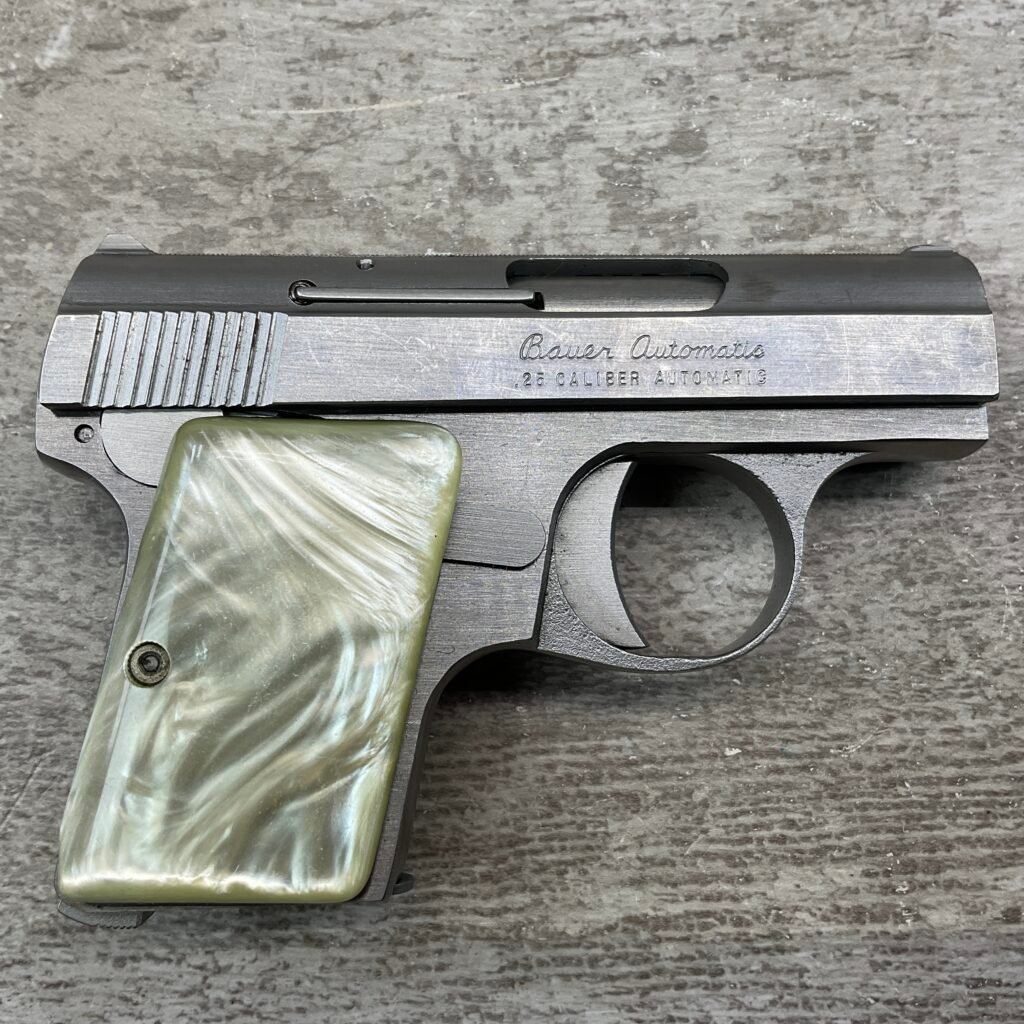BAUER "BABY" .25 ACP STAINLESS SEMI AUTO POCKET PISTOL, BROWNING CLONE, C&R #5-08023-PF