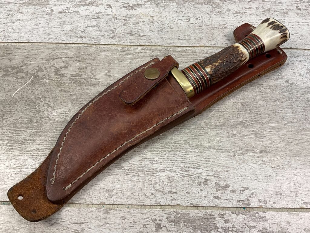 BLACKJACK INTERNATIONAL OBADIAH SKINNER STAG BONE HUNTING KNIFE W/ LEATHER SHEATH #5-08040-PF