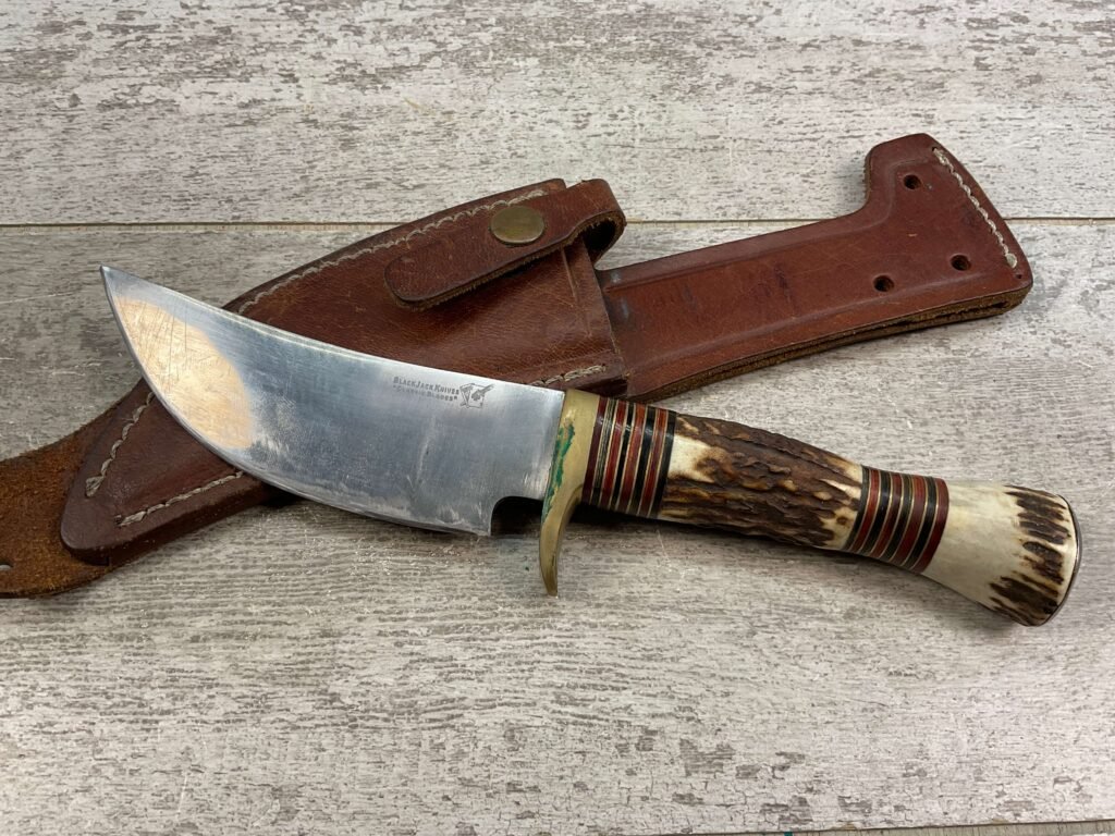 BLACKJACK INTERNATIONAL OBADIAH SKINNER STAG BONE HUNTING KNIFE W/ LEATHER SHEATH #5-08040-PF