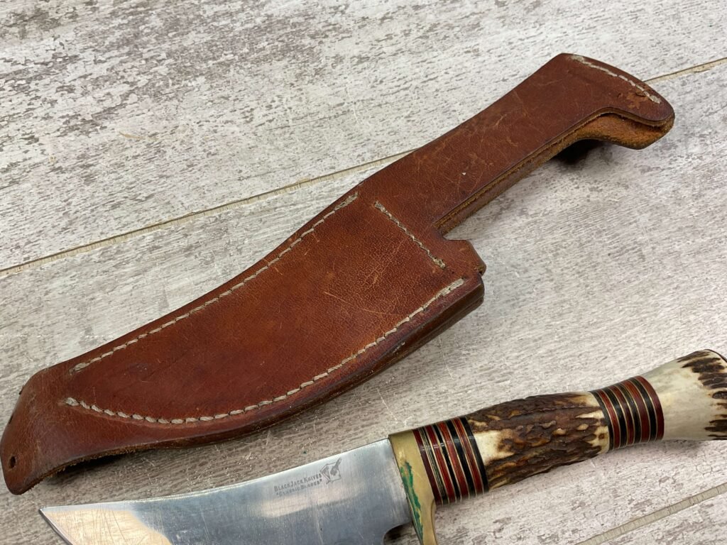 BLACKJACK INTERNATIONAL OBADIAH SKINNER STAG BONE HUNTING KNIFE W/ LEATHER SHEATH #5-08040-PF