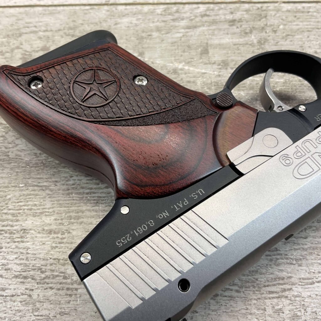High-quality handgun with wooden grip and stainless steel slide, close-up shot highlighting precision craftsmanship and safety features.