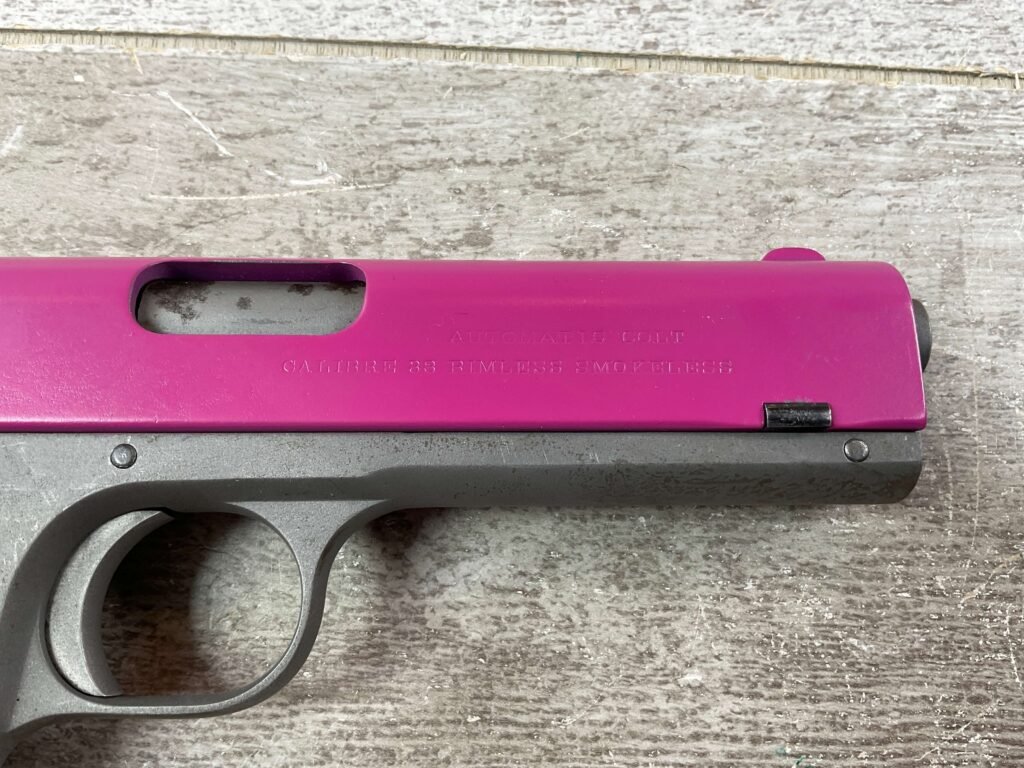 COLT 1903 POCKER HAMMER 38ACP, 1908 MFR FRAME, PINK UPPER, JAMES EARL JONES COLLECTION #5-10748