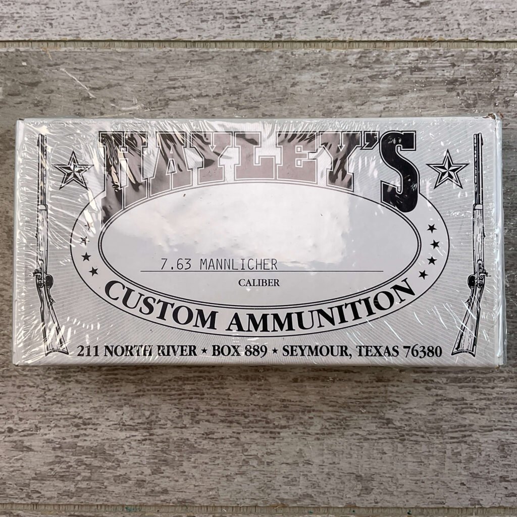HAYLEY'S CUSTOM AMMUNITION 7.63 MANNLICHER AMMO, UNOPENED BOX (QTY 20) #5-11093