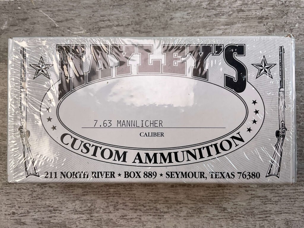 HAYLEY'S CUSTOM AMMUNITION 7.63 MANNLICHER AMMO, UNOPENED BOX (QTY 20) #5-11093