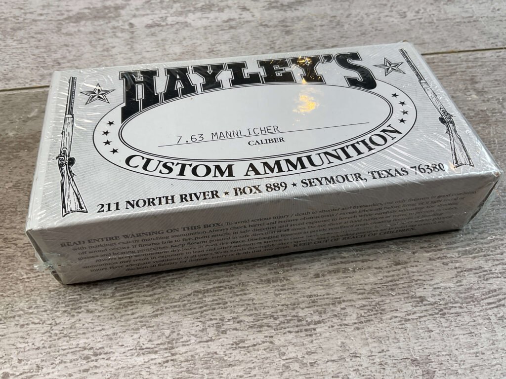 HAYLEY'S CUSTOM AMMUNITION 7.63 MANNLICHER AMMO, UNOPENED BOX (QTY 20) #5-11093