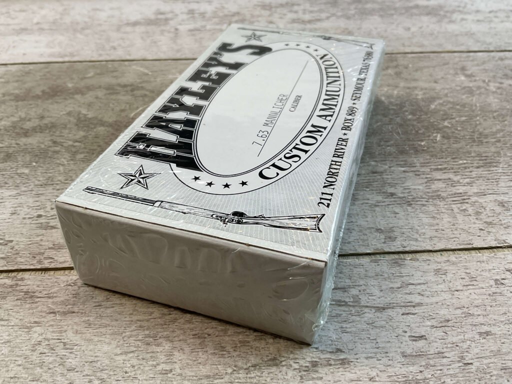 HAYLEY'S CUSTOM AMMUNITION 7.63 MANNLICHER AMMO, UNOPENED BOX (QTY 20) #5-11093