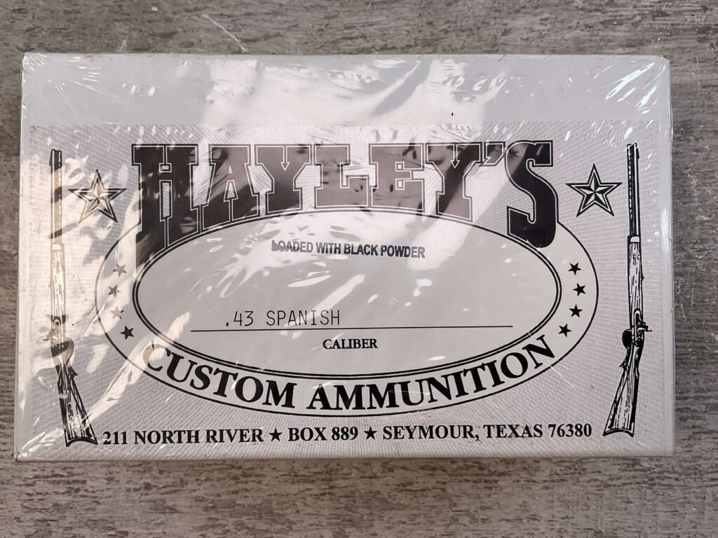 HAYLEY'S CUSTOM AMMUNITION .43 SPANISH, LOADED W/ BLACK POWDER AMMO, UNOPENED BOX (QTY 20) #5-11095
