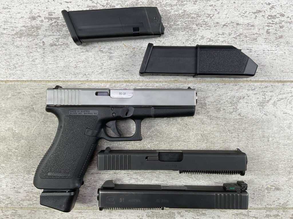 GLOCK MODEL 21 AUST MADE W/ GUNCRAFTER INDUSTRIES 50 GI SEMI AUTO PISTOL, JAMES EARL JONES COLLECTION, CONVERSION KIT & EXTRAS #5-10829