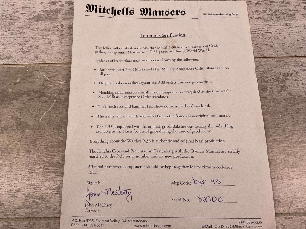 MAUSER byf 43 P38 W/ DISPLAY BOX & PAPERWORK FROM MITCHELL'S MAUSERS #5-12003