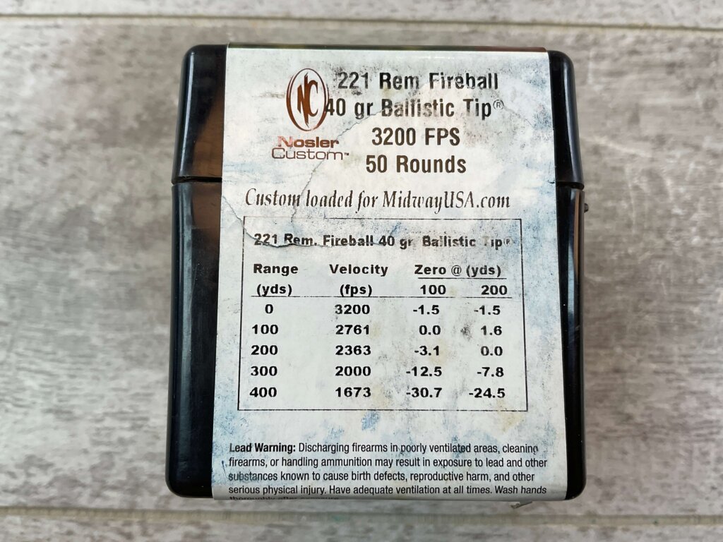 NOSLER CUSTOM 221 REM FIREBALL, 40 GR. BALLISTIC TIP, 3200 FPS AMMO, FULL, UNOPENED BOX (QTY 50) #5-11123