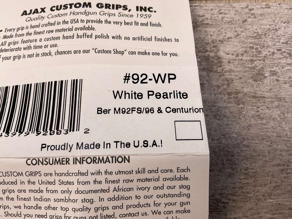 AJAX CUSTOM GRIPS BERETTA M92FS/96 & CENTURION WHITE PEARLITE COLORED GRIPS #5-11605