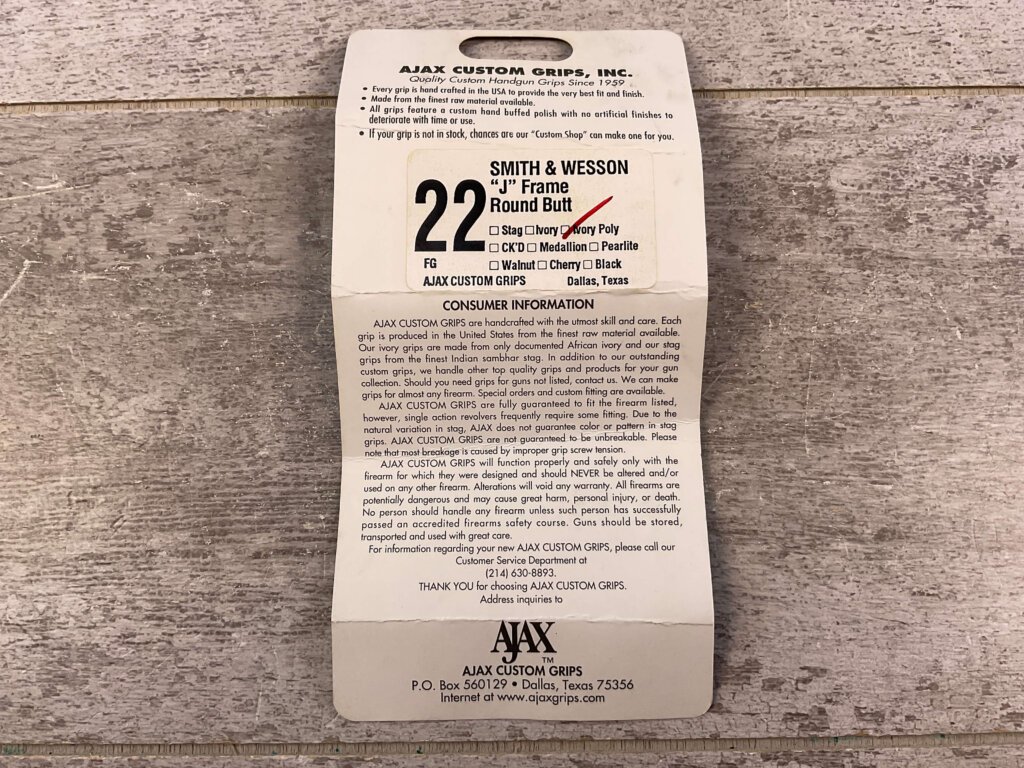 AJAX CUSTOM GRIPS 22 S&W "J" FRAME, ROUND BUTT, IVORY POLYMER COLORED GRIPS #5-11607