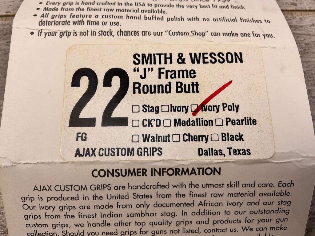 AJAX CUSTOM GRIPS 22 S&W "J" FRAME, ROUND BUTT, IVORY POLYMER COLORED GRIPS #5-11607