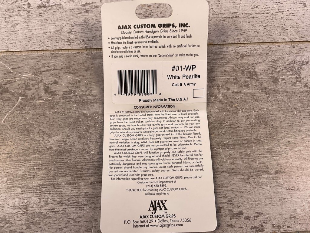 AJAX CUSTOM GRIPS COLT S A ARMY, WHITE PEARLITE COLORED GRIPS #5-11611