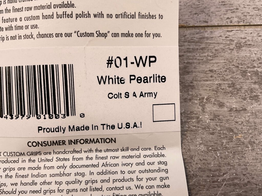 AJAX CUSTOM GRIPS COLT S A ARMY, WHITE PEARLITE COLORED GRIPS #5-11611