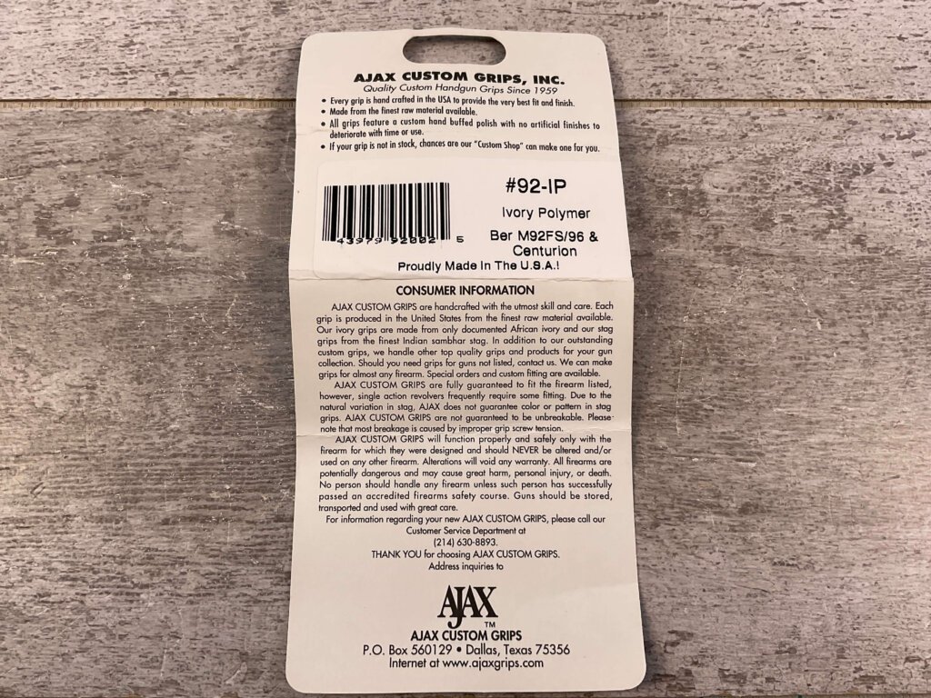 AJAX CUSTOM GRIPS BERETTA M92FS/96 & CENTURION IVORY POLYMER COLORED GRIPS #5-11615