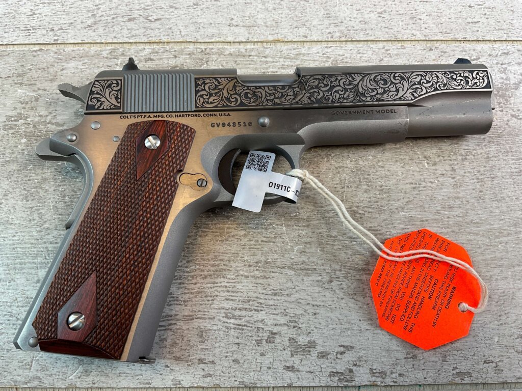 COLT 1911 GOVT .45 ACP FILIGREE FRAME & BARREL STAINLESS SEMI AUTO PISTOL, NEW #6-01601-PF