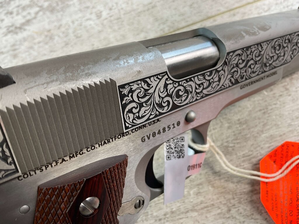 COLT 1911 GOVT .45 ACP FILIGREE FRAME & BARREL STAINLESS SEMI AUTO PISTOL, NEW #6-01601-PF