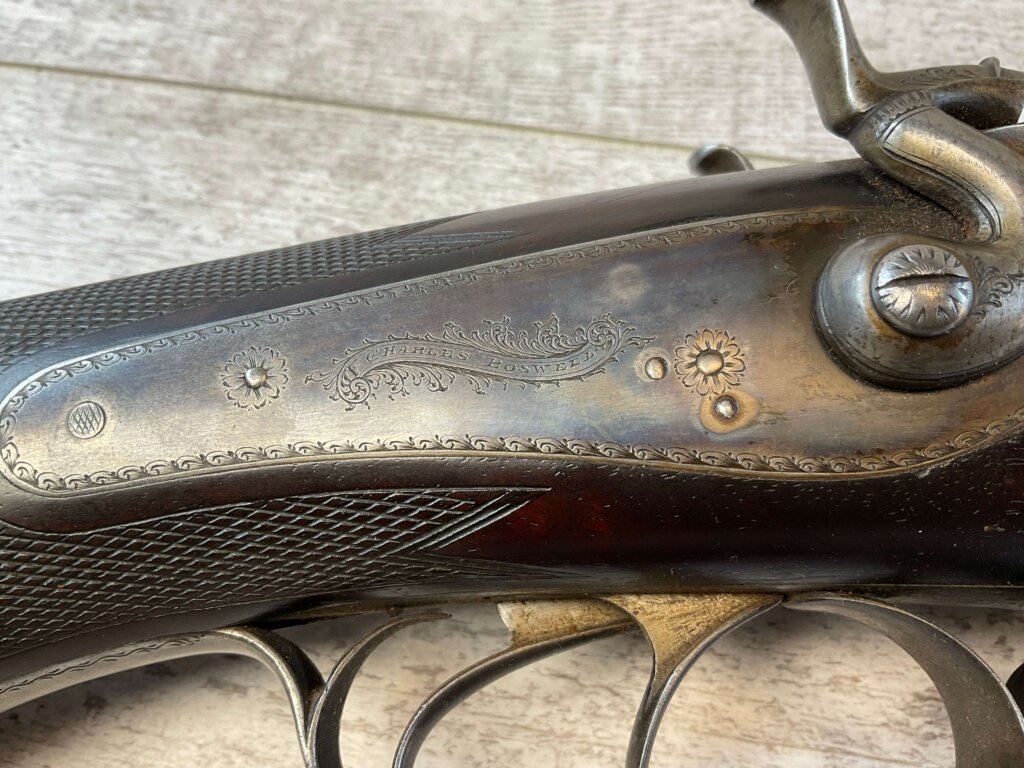 CHARLES BOSWELL 8GA. BLACK POWDER SXS DOUBLE BARREL DAMASCUS SHOTGUN, JAMES EARL JONES "FAVORITES" COLLECTION #5-11066