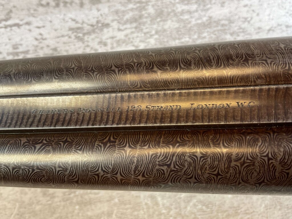 CHARLES BOSWELL 8GA. BLACK POWDER SXS DOUBLE BARREL DAMASCUS SHOTGUN, JAMES EARL JONES "FAVORITES" COLLECTION #5-11066