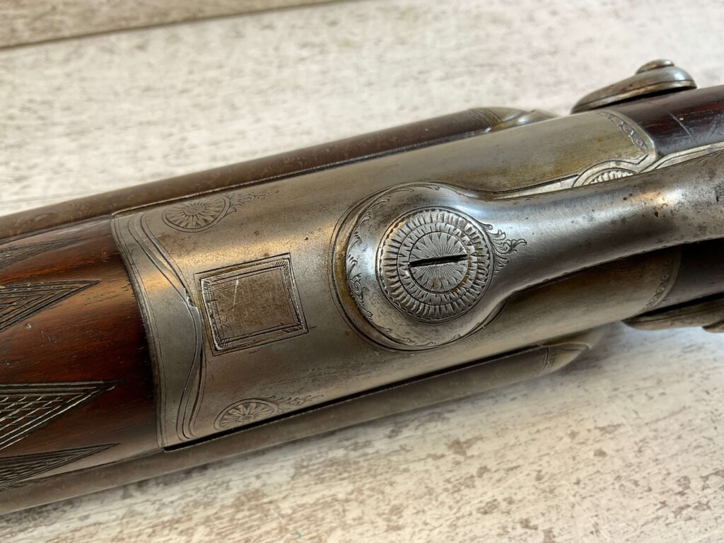 CHARLES BOSWELL 8GA. BLACK POWDER SXS DOUBLE BARREL DAMASCUS SHOTGUN, JAMES EARL JONES "FAVORITES" COLLECTION #5-11066