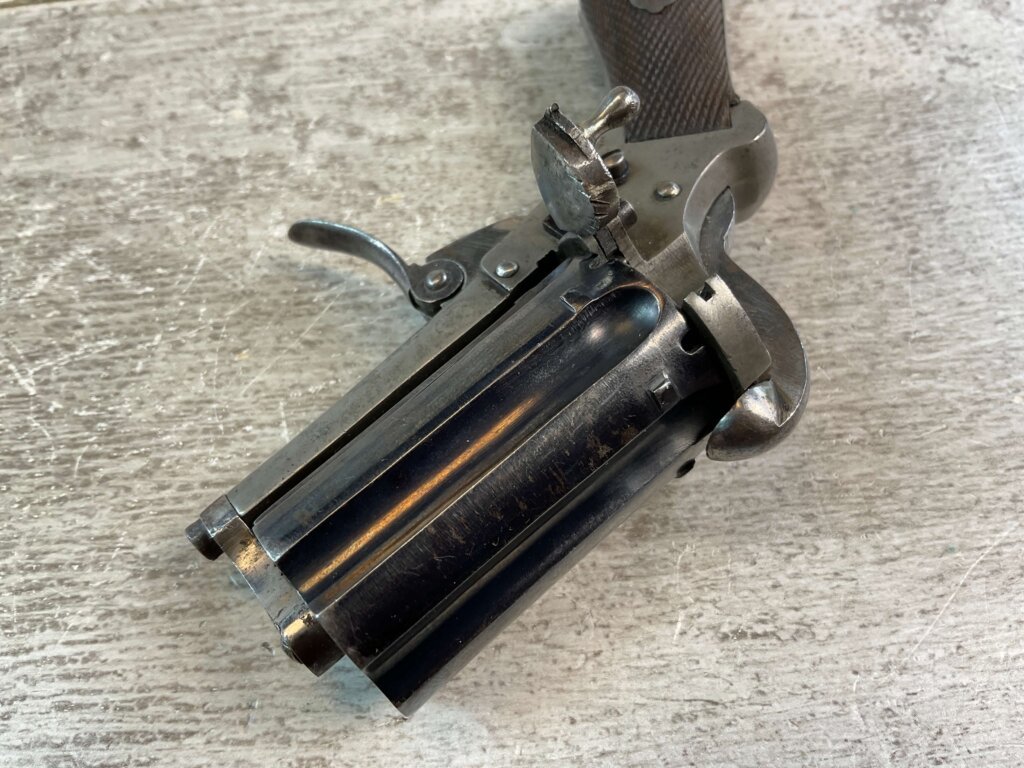 BELGIAN 7MM PINFIRE ROCKET PEPPERBOX REVOLVER, JAMES EARL JONES COLLECTION, ANTIQUE #5-10920-PF