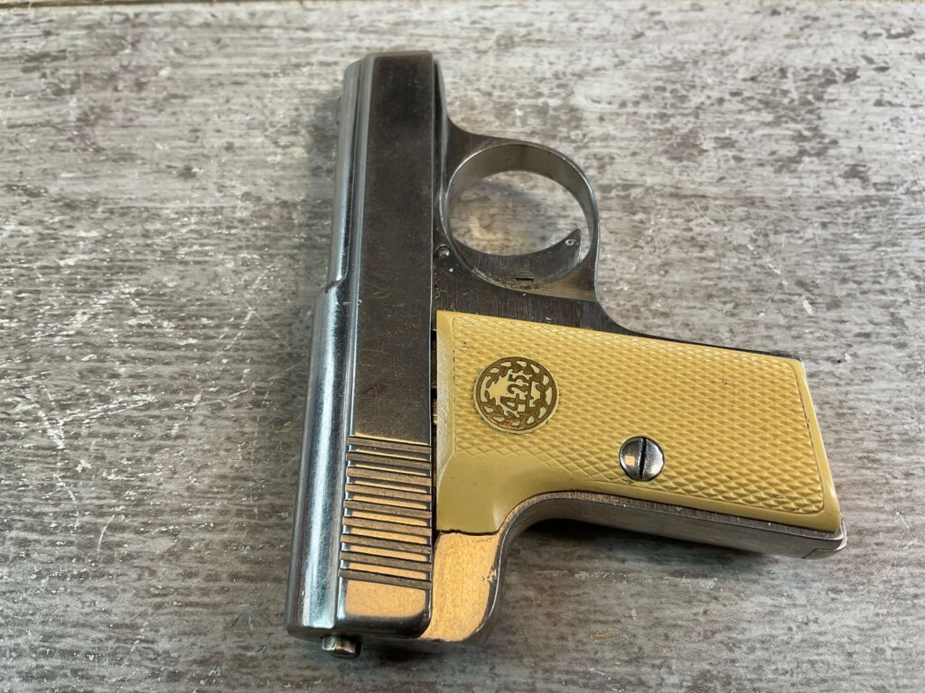 AUGUST MENZ LILIPUT MODEL 1927, 4.25MM NICKEL PLATED SEMI AUTO PISTOL, JAMES EARL JONES COLLECTION, RARE #5-10922-PF