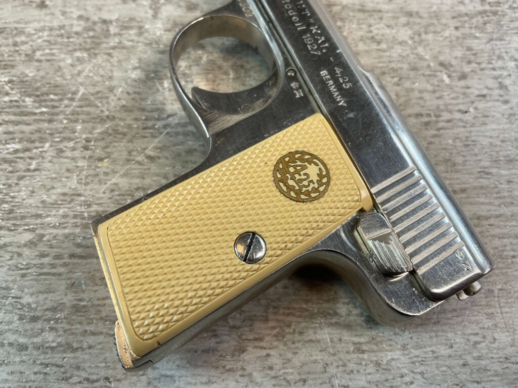 AUGUST MENZ LILIPUT MODEL 1927, 4.25MM NICKEL PLATED SEMI AUTO PISTOL, JAMES EARL JONES COLLECTION, RARE #5-10922-PF