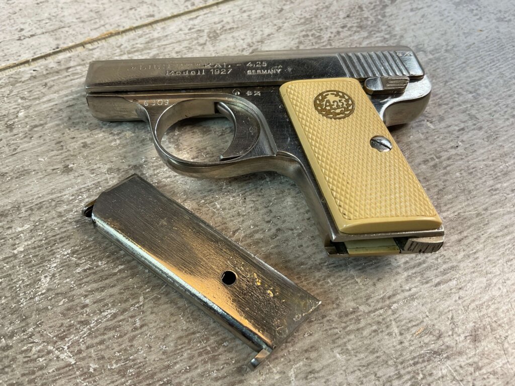 AUGUST MENZ LILIPUT MODEL 1927, 4.25MM NICKEL PLATED SEMI AUTO PISTOL, JAMES EARL JONES COLLECTION, RARE #5-10922-PF