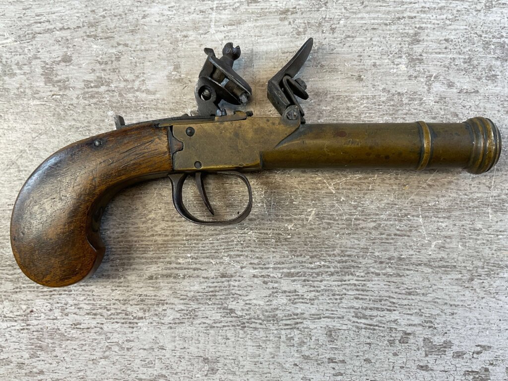 BELGIAN FLINTLOCK .45 CAL CANNON BRASS PISTOL, JAMES EARL JONES COLLECTION, ANTIQUE #5-10943