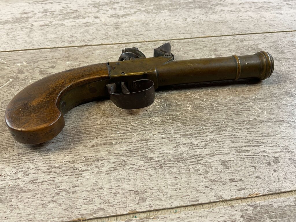 BELGIAN FLINTLOCK .45 CAL CANNON BRASS PISTOL, JAMES EARL JONES COLLECTION, ANTIQUE #5-10943