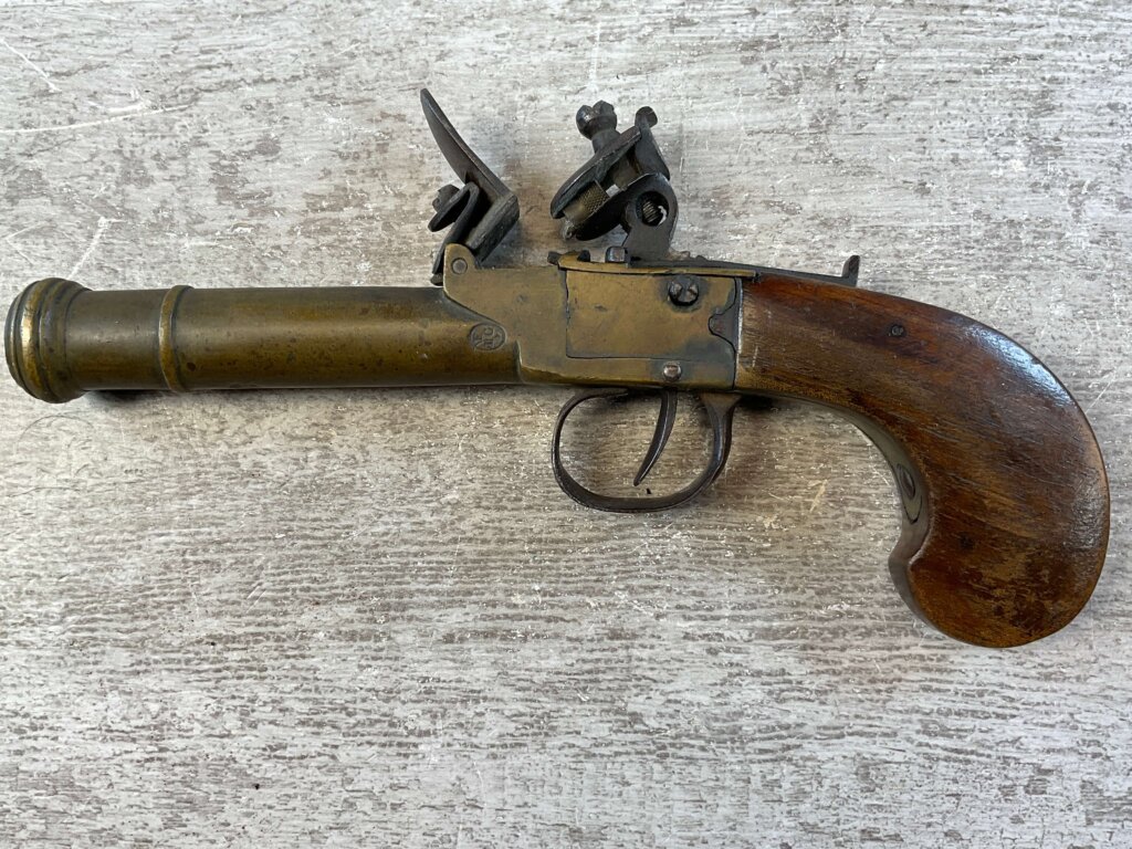 BELGIAN FLINTLOCK .45 CAL CANNON BRASS PISTOL, JAMES EARL JONES COLLECTION, ANTIQUE #5-10943