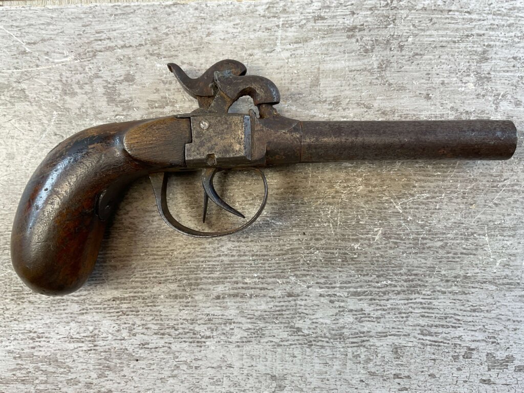 BELGIAN .36 CAL DOUBLE BARREL PERCUSSION PISTOL, JAMES EARL JONES COLLECTION, ANTIQUE #5-10944
