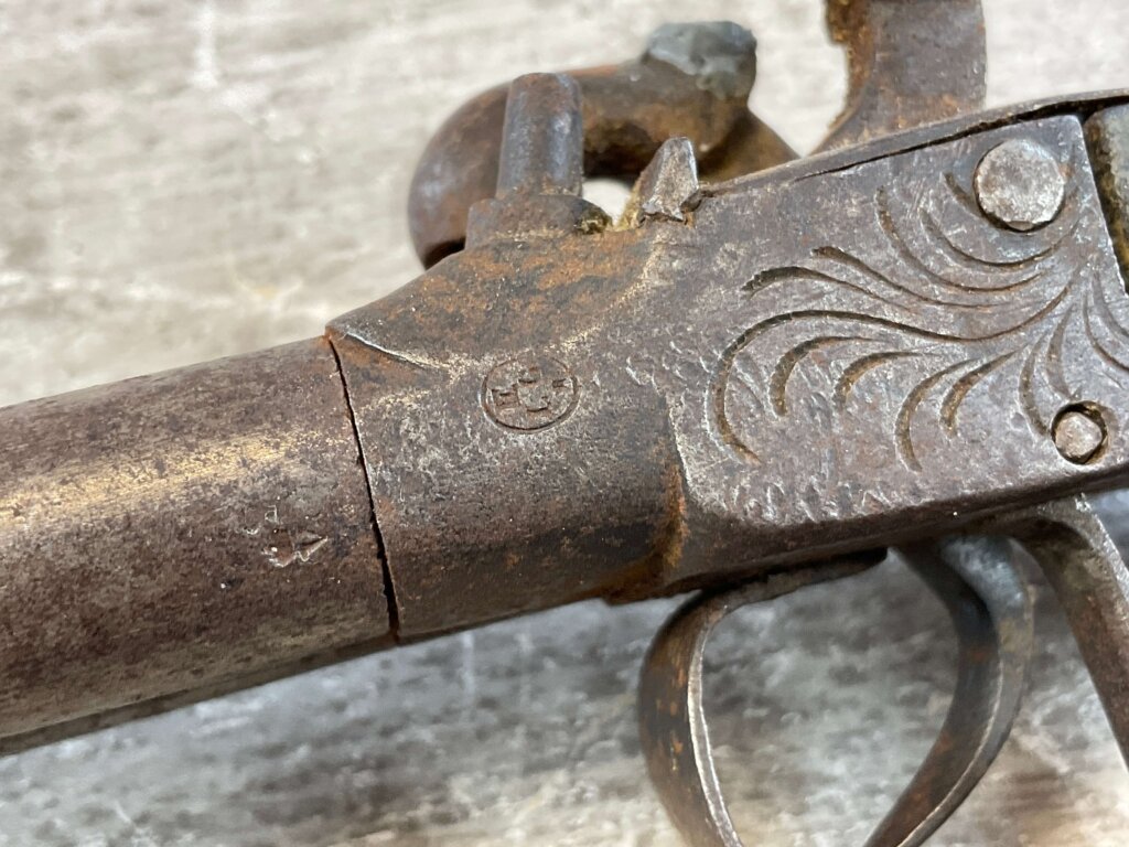 BELGIAN .36 CAL DOUBLE BARREL PERCUSSION PISTOL, JAMES EARL JONES COLLECTION, ANTIQUE #5-10944