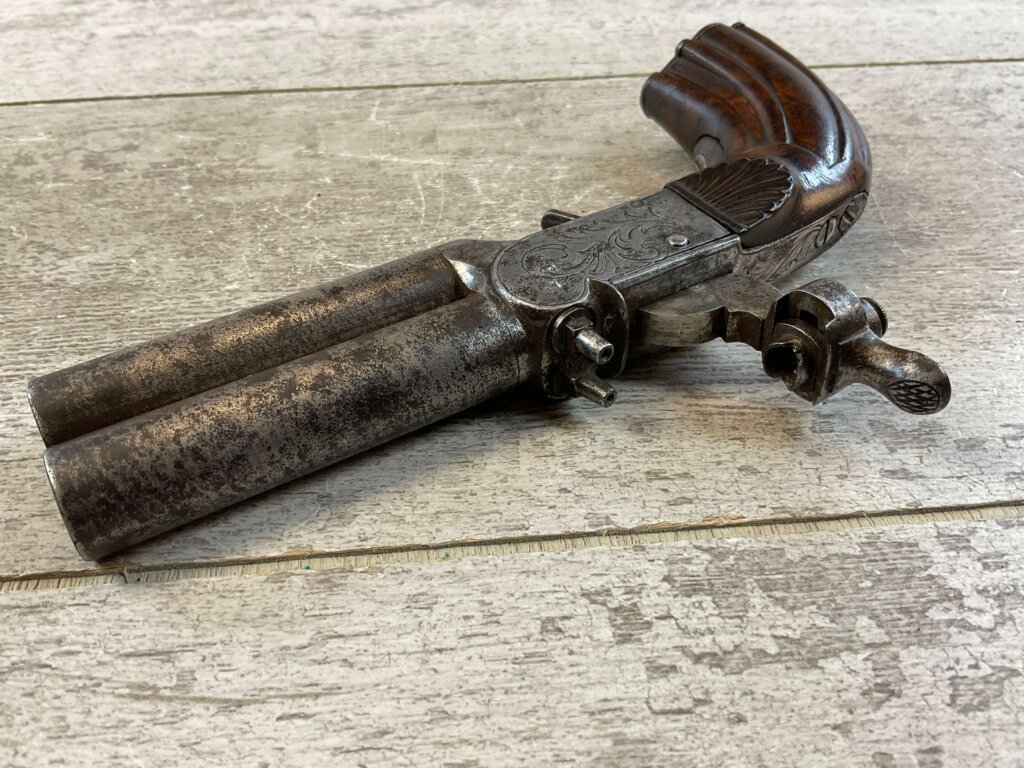 EYRAUL BREVETE .44 CAL DOUBLE BARREL PERCUSSION PISTOL, JAMES EARL JONES COLLECTION, ANTIQUE #5-10945