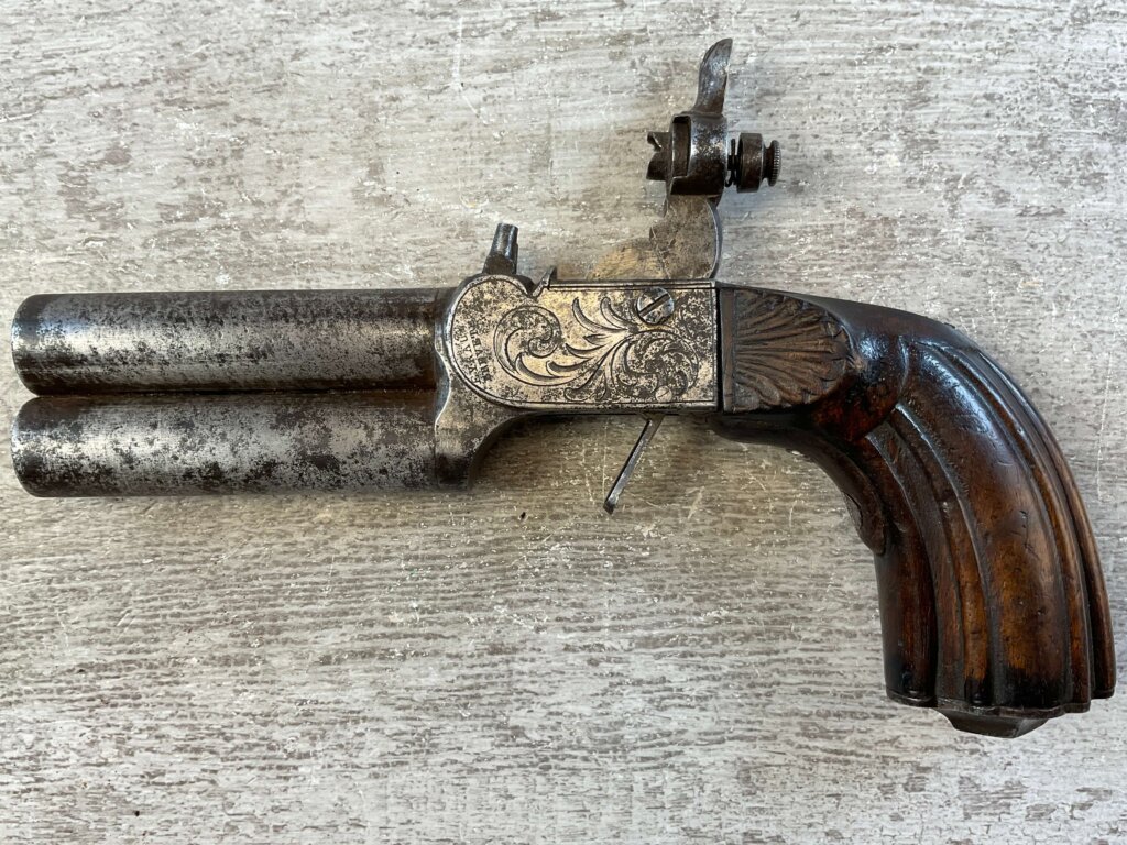 EYRAUL BREVETE .44 CAL DOUBLE BARREL PERCUSSION PISTOL, JAMES EARL JONES COLLECTION, ANTIQUE #5-10945
