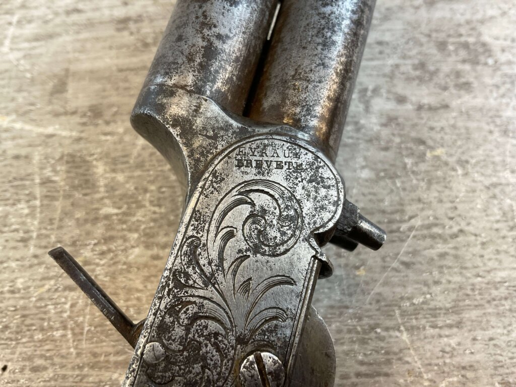 EYRAUL BREVETE .44 CAL DOUBLE BARREL PERCUSSION PISTOL, JAMES EARL JONES COLLECTION, ANTIQUE #5-10945