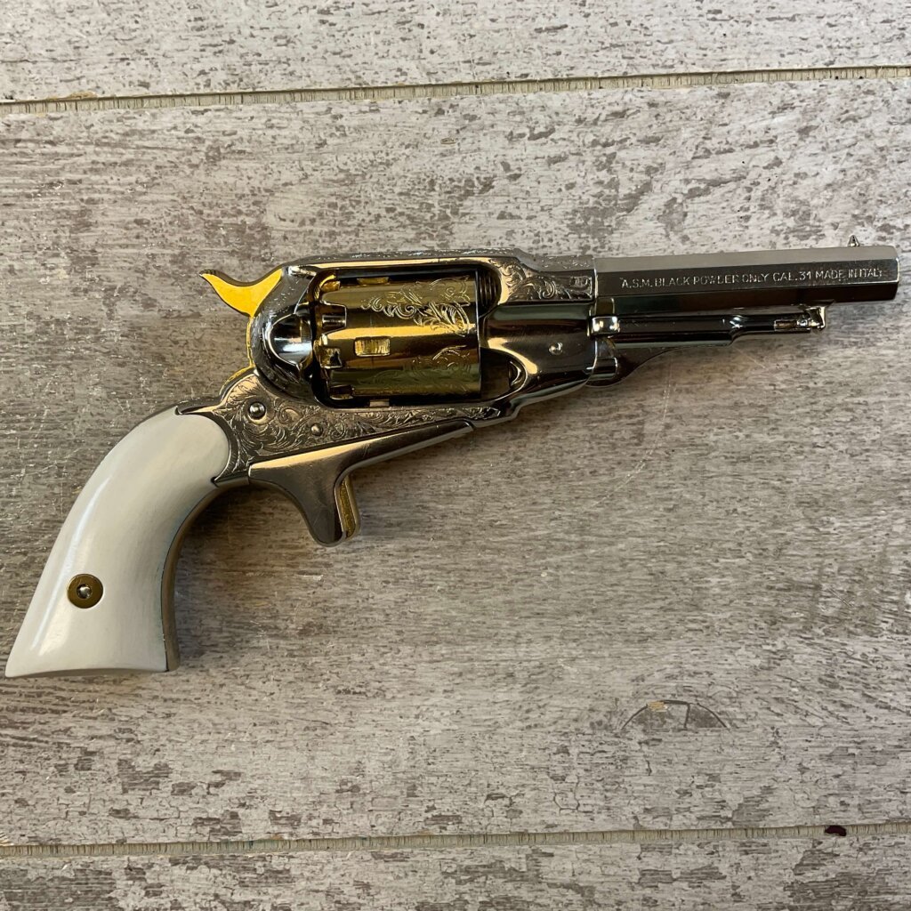 ARMI SAN MARCO ASM 1863 REMINGTON ENGRAVED NICKEL & GOLD PLATED .31 CAL PERCUSSION POCKET REVOLVER, JAMES EARL JONES COLLECTION #5-10950