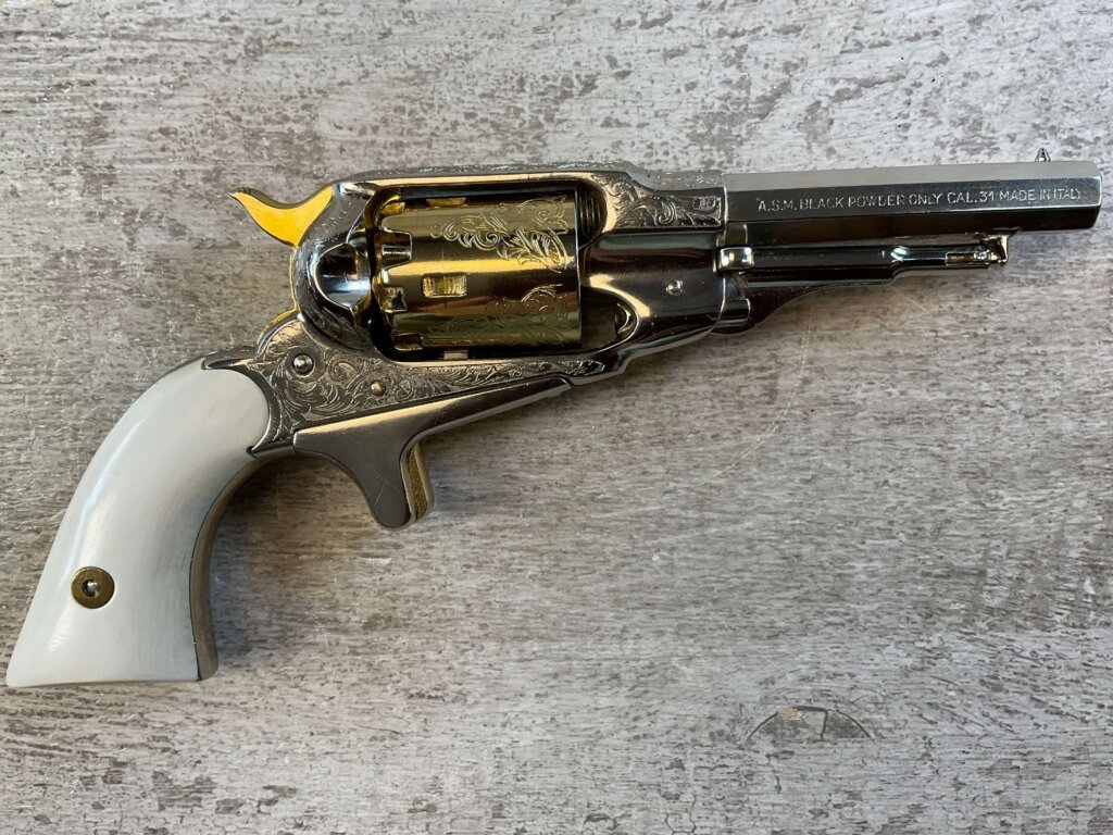 ARMI SAN MARCO ASM 1863 REMINGTON ENGRAVED NICKEL & GOLD PLATED .31 CAL PERCUSSION POCKET REVOLVER, JAMES EARL JONES COLLECTION #5-10950