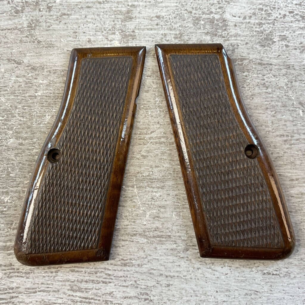 VINTAGE BROWNING P35 HI-POWER DARK CHERRY (RED BACK) WOODEN GRIPS, JAMES EARL JONES COLLECTION #5-11633