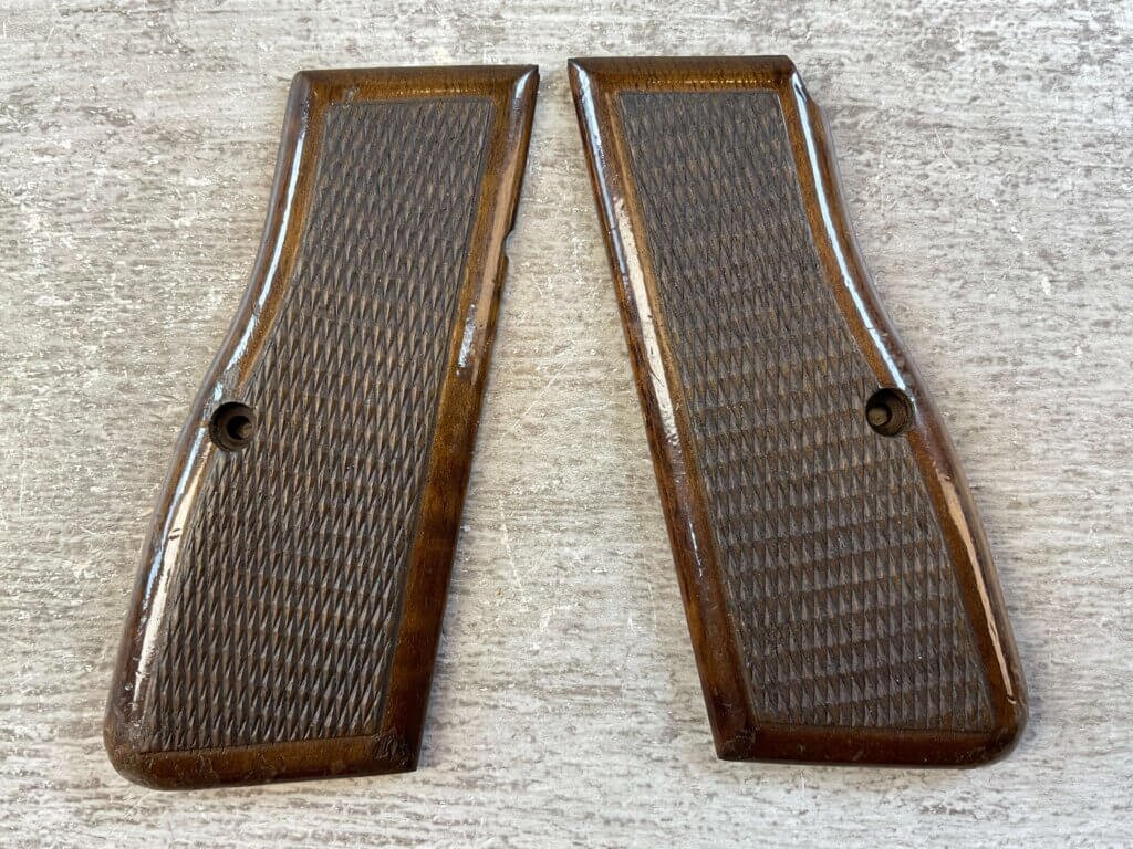 VINTAGE BROWNING P35 HI-POWER DARK CHERRY (RED BACK) WOODEN GRIPS, JAMES EARL JONES COLLECTION #5-11633